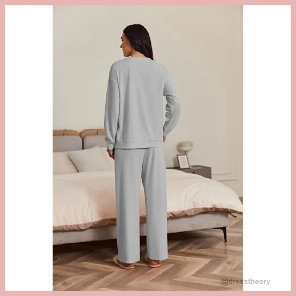 Women's Micro Fleece Lounge Set Long Sleeve Top Wide Leg Pants - Picture 4 of 8